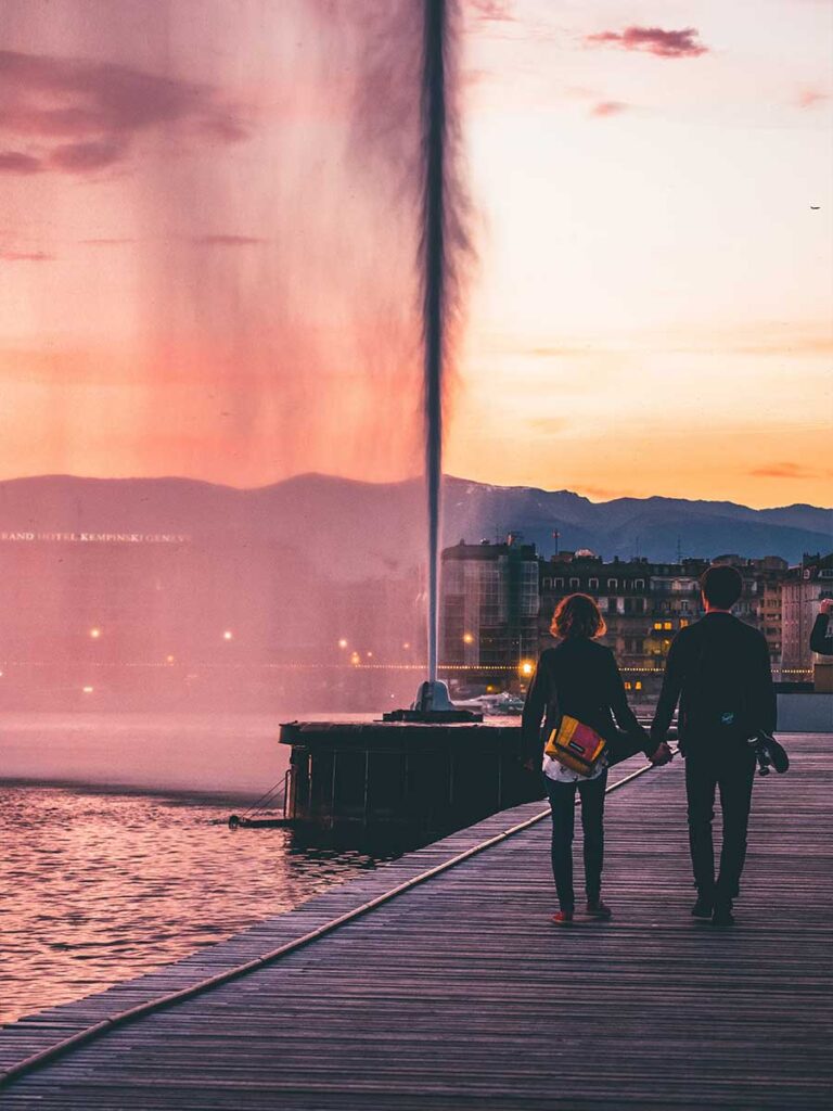 Coucher de soleil Genève jet d'eau